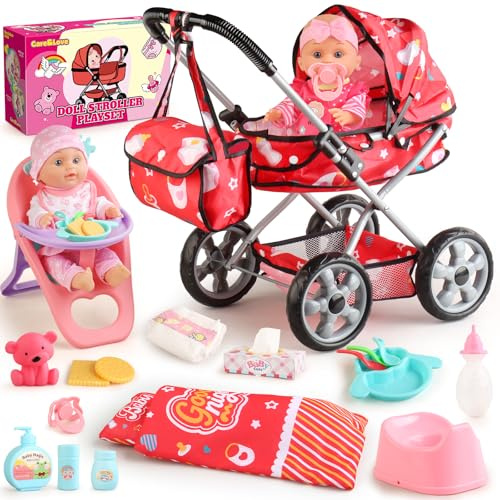 HuceePlay Baby Doll Stroller Set for Toddler Girls 3-5, A 12.5 Babydoll with Baby Doll Accessories, Pillow, Blanket & 2 Sets Clothes, Doll Playset Toy Stroller for Kids, Gift 3 4 5 Year Old Girl Toys