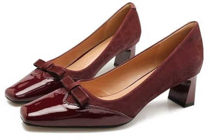 Décolleté da Donna con Tacco Largo e Fiocco Scarpe in Pelle con Tacco Medio e Punta Aperta Aumento di Altezza di 5 cm
