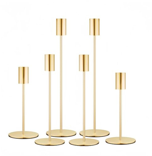 Suetou Juego de 6 candelabros, 23/28/33 cm, perfecto para cenas, bodas, casa, decoración de mesa, chimenea, luz de velas, dorado