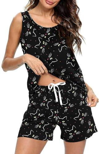 MIA LUCCE Set pigiama estivo da donna in cotone, top senza maniche e pantaloncini pigiama da donna, biancheria da notte morbida e comoda abbigliamento da casa per donne, Gatto nero, M
