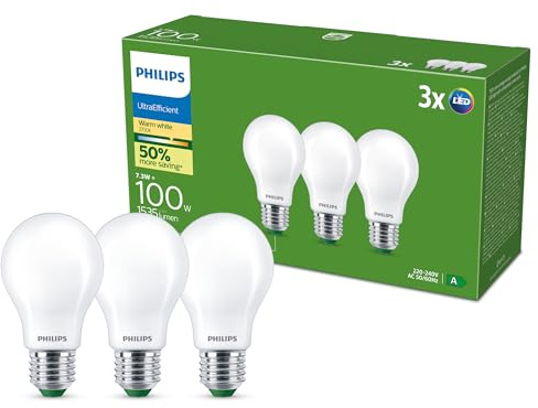 Lampadina LED Philips UltraEfficient, Confezione da 3, A60, E27, 1.535 Lumen, 100 W, Risparmio Energetico, EyeComfort, Lunga Durata, Luce Bianca Calda 2.700 K, Design Classico, Smerigliata