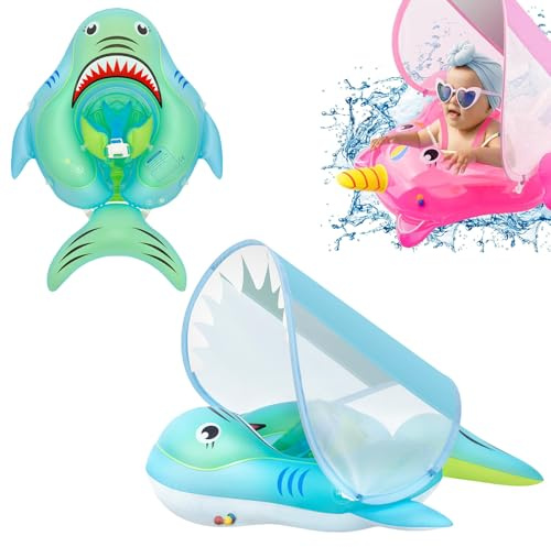 Galleggiante gonfiabile per neonati, 10-24 mesi, con squalo blu, anello galleggiante per piscina con tettuccio parasole, coda anti-scivolo, anello da nuoto per bambini e ragazzi