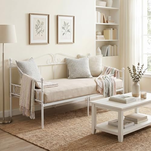 Liink1Ga Outdoor Coch Sofa Cama Individual Somier Metal 90x190 Sofa Bed Divan Cama para Colchón de 90x190 cm, Sofá Camas de Hierro Forjado para Dormitorio/Sala Estar/Terraza/Jardín/Blanco/A