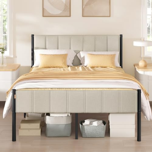 VASAGLE Double Bed Frame, 135 x 190 cm, with Upholstered Headboard, Metal Bed Frame, 500 kg Weight Capacity, Easy Assembly, Cappuccino Beige RMB976LH01V1
