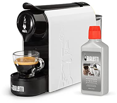 Bialetti Gioia, Macchina da Caffè Espresso per Capsule in Alluminio sistema Caffè d'Italia, Supercompatta, Bianco + Decalcificante, Accessorio macchina del caffè
