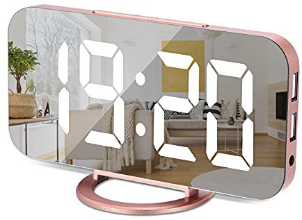 SZELAM Digital Clock Large Display, LED Electric Alarm Clock Mirror Surface for Makeup with Diming Mode, 3 Levels Brightness, Dual USB Ports Modern Decoration for Home Bedroom Decor (Rose Gold)