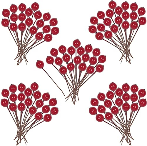 HONGCI 100 Pcs Christmas Holly Berries Artificial Mini Red Holly Berries,Christmas Berries Red Berry Stems for Wreath Decorations Craft Christmas,Xmas Tree,Garland DIY Craft Wire Berries Party Decor