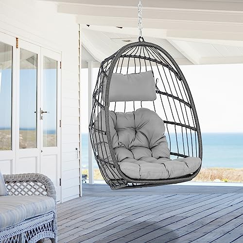 Hanging Egg Chair Without Stand - Foldable Indoor Outdoor Wicker Rattan Swing Egg Chair with Hanging Chain Hammock Chair - UV Resistant Cushions & Aluminum Frame for Bedroom Patio Camping (Grey)