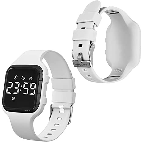 HUYVMAY Kids Fitness Pedometer Watch without App/Bluetooth, LED Sports Wristwatch with Timer Calories/Distance/Step Counter,2 Alarm Clocks,21 Days Battery Life Rechargeable Digital Watch for Boy Girl Kids