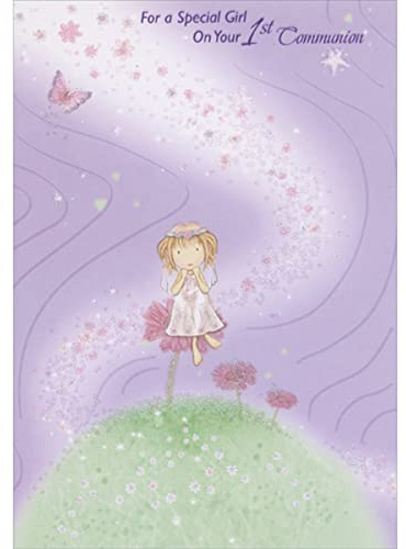 Designer Greetings Fairy Sitting on Pink Flower Among Swirling Sparkling Flowers 1st / First Communion Congratulations Card for Girl