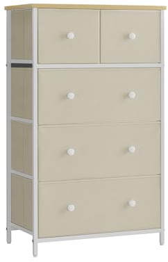 SONGMICS Commode à 5 tiroirs en Tissu pour Salon, Couloir, Chambre d'enfant, Jaune Chameau et Blanc crème LTS514W01
