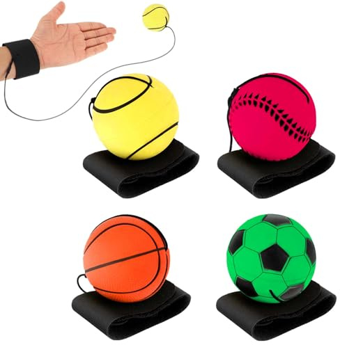 DSLSQD 4 pelotas de retorno para muñeca con cuerda, pelota de saltar con cuerda, pelota de goma de rebote, pelota deportiva de muñeca, para jugar y ejercicios de muñeca