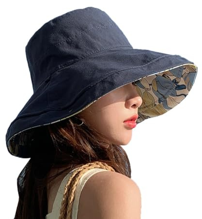 Lziizl Reversible Bucket Hat Women UV Sun Protection Wide Brim Fisherman Hat Summer Beach Travel Cap Navy Blue