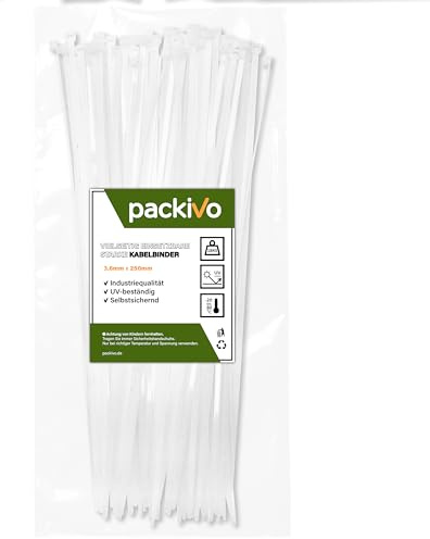 PACKIVO Bridas profesionales de 3,6 x 250 mm, 100 unidades, color blanco, calidad industrial, resistencia a la tracción hasta 18 kg, gestión de cables, industria, talleres, jardín, fijación