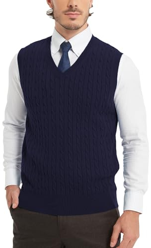 Kallspin Men’s Cotton Sweater Vest V Neck Cable Knit Sleeveless Jumper Casual Pullover Knit Gilet