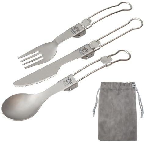 Naapesi 1 Folding Titanium Ultralight Portable Travel Cutlery Set - 3 Pieces (Knife, Fork, Spoon) - Modern Casual - Gun-grey - Camping, Hiking, Picnic, Travel