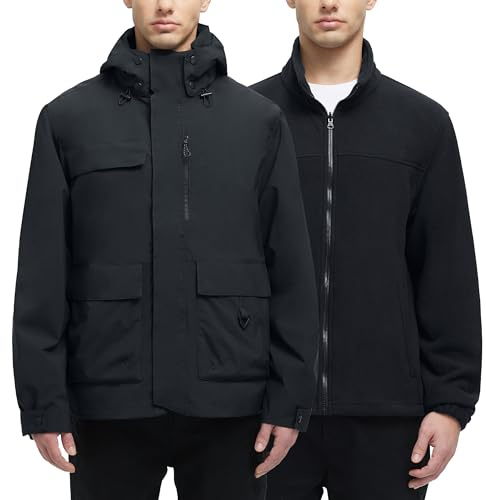 YGREYG Men's 3 in 1 Waterproof Winter Jackets Ski Warm Snow Rain Coat Puffer Liner Hood Windbreaker Black XL