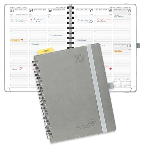 POPRUN Agenda 2025 2026 Semainier 22 x 16,5 cm D'Août 2025 à Déc 2026, Planner Vertical Scolaire 17 Mois avec Couverture Souple Spirale, Règle et signet, Papier 80g/m², Gris