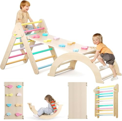 Indoor Climbing Frame for Toddlers, Rainbow Pikler Triangle Climbing Frame for Toddlers, Foldable Wooden Indoor Climbing Triangle Set with Ramp and Arch