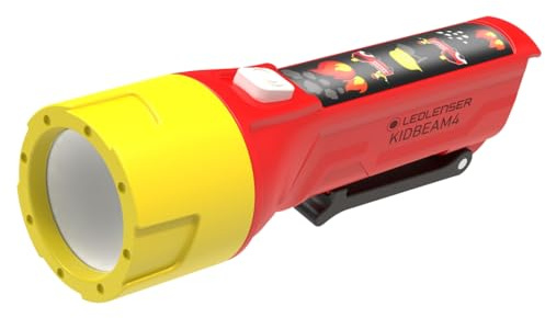 Ledlenser KidBEAM4 Linterna para niños, diseño bombero, 4 colores LED, 2 pilas AAA, ligera (72 g), ideal para leer, acampar y actividades nocturnas, regalo para niños.