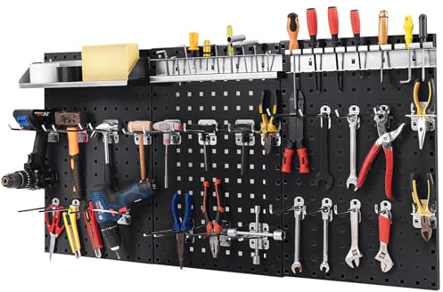 HOMFME Wall Mounted Peg Board Kit, Metal Pegboard Set with Hanging Hooks, Utility DIY Peg Panel Organiser for Home Kitchen Workshop Garage (Black, 3PCS Pegboards+ 28PCS Accessories)