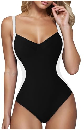 RLEHJN Swimming Costume Women Tummy Control, Women's One-Piece Swimsuits Clearance Plain V Neck Monokini Swimsuits Modest Swimwear Sports Padded Bathing Suit Beachwear Swim Suits XS-3XL