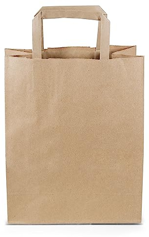 Commerline Sacchetti di carta, 500 pezzi, marrone, 22 + 10 x 28 cm, piccoli sacchetti di carta kraft con manico, per il trasporto di grandi dimensioni, sacchetti di carta