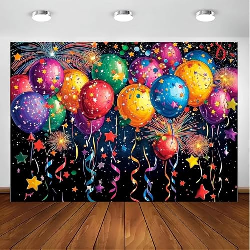 En levande fem färgglada ballonger med vinylbakgrund och fyrverkerier gjorda av slitstark vinyl