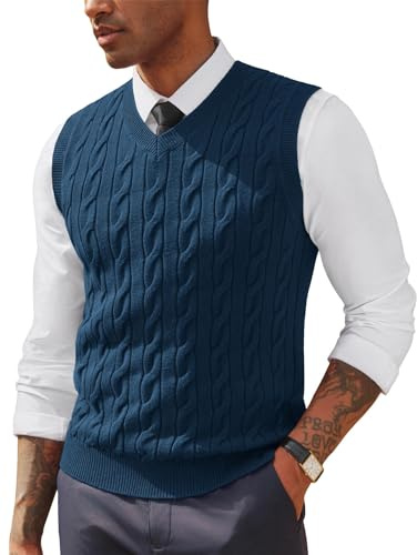 PJ PAUL JONES Gilets en tricot pour homme, col en V, torsade en câble, sans manches, tricot décontracté, bleu marine, M