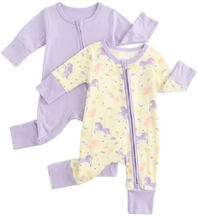 JiAmy Baby Boys Girls Bamboo Sleepsuits 2 Pack, 0–24 Months Zip-Up Babygrow with Fold-Over Mittens & Feet, Breathable Lightweight Sleepwear with Anti-Slip Soles