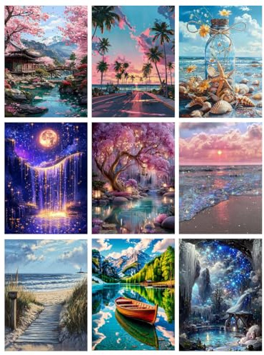 tigdtiu 9 Pack Diamond Art Kits Adults, Landscape Diamond Painting Kits for Adults Beginners, Beach 5D DIY Full Drill Gem Art, Seascape Painting Dot Art Sets,Home Wall Decor 12x16 Inch