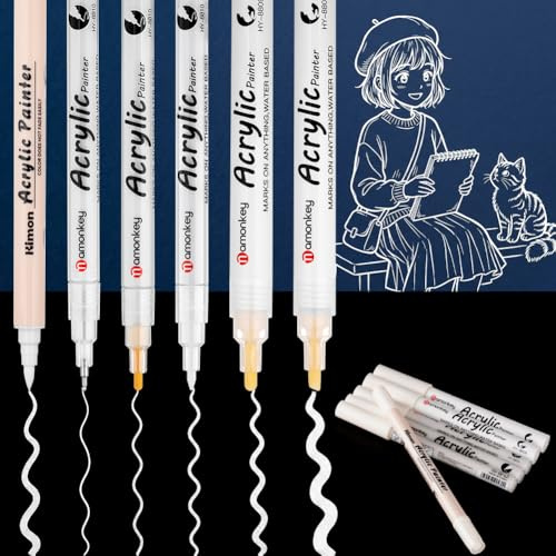 ABOHU 6 Stück Weiße Acrylstifte, Permanent Weißer Stift Wasserfest Acrylic Marker, Schnelltrocknend Deckende Acrylmarker mit Fineliner Brush Pen Kalligrafie Stift für Schwarzes Papier Holz Glas Metall