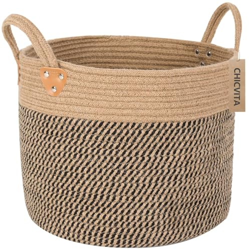 CHICVITA Wicker Laundry Basket With Handles, Storage Baskets for Decor, Rope Basket for Blankets, Toys, Clothes, Shoes, Plant Basket for Living Room, 14 X 14 X 12
