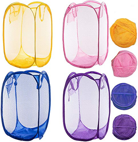 Qtopun Cesto portabiancheria popup in rete, pieghevole, portatile, per camera da letto, camera dei bambini, dormitorio universitario e viaggi (giallo, rosa, viola, blu scuro)