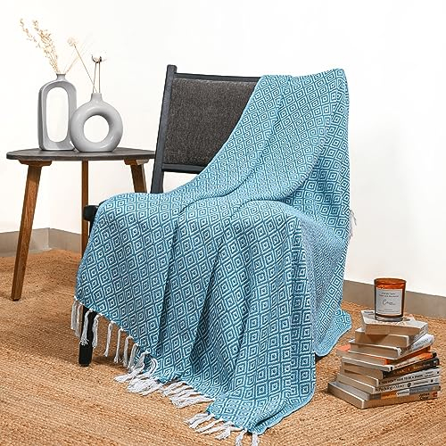 Karibisches Meeresblau-Überwurfdecke mit Boho-Quaste 127 x 152 cm, superweich Baumwolle, warm, dekorativer Bauernhaus-Überwurf für Sofa, Stühle und Couch