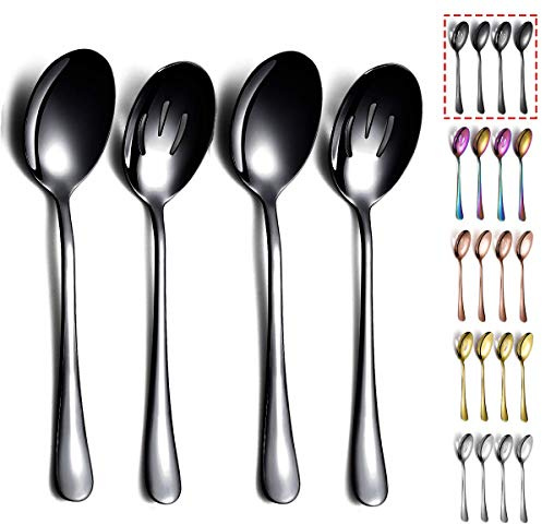 Black Serving Spoons 4 Pieces, Kyraton Titanium Plating Serving Spoon, Include 2 Serving Spoon and 2 Slotted Spoons, Stainless Steel Serving Utensils, Serving Set Packing of 4
