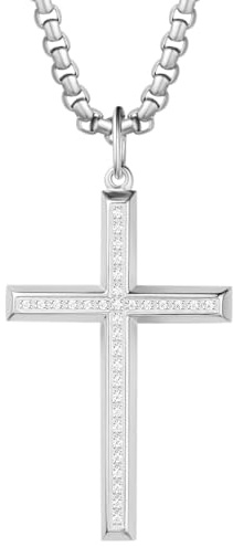 Herrhalsband med korshänge i 925 sterlingsilver och kedja i rostfritt stål för män - längd 61 cm, Rostfritt stål, Kubisk zirkonia