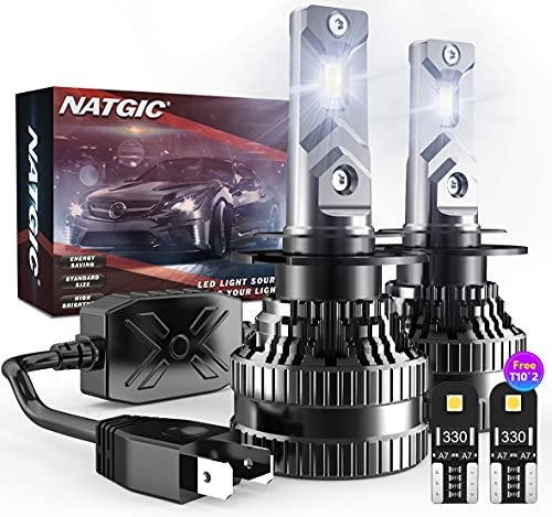 NATGIC Bombillas LED H7 para faros delanteros con controlador inteligente EMC mejorado, 300% de brillo, 70 W, 12000 lm, xenón blanco, 6500 K, kit de conversión (total 4 bombillas LED)