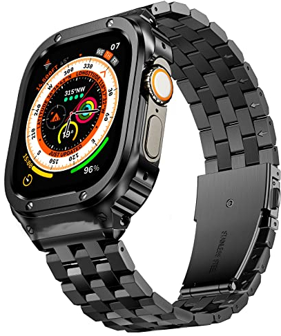 SUPLINK Boîtier en acier inoxydable avec bracelet compatible avec les bracelets Apple Watch Ultra/Apple Watch Ultra 2, coque de protection en métal robuste pour iWatch Apple Watch 49 mm pour homme