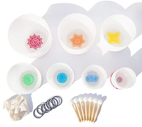 Chakra Frostad Kvartskristall Sångskål, 6-12 Tums 7 St Kit, Med Tunga Bärväskor, Sångskålklubbor, For Meditation, Yoga, Andligt, Kroppsläkning (Color : 432hz)