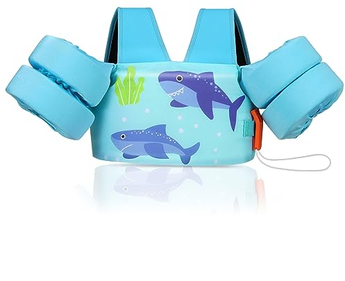 MoKo Toddler Swim Vest for Kids, Swim Arm Floaties 22-66 lbs Boys and Girls Cartoon Swimming Water Wings Pool Float Vests Sleeves Shoulder Straps Arm Band for Children Learn to Swim, Blue Shark