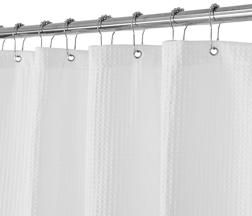 Barossa Design Waffle Weave White Shower Curtain Hotel Luxury Quality, Fabric Shower Curtains for Bathroom, Pique Pattern Cloth, Water Repellent and Machine Washable, Standard Size 72 x 72
