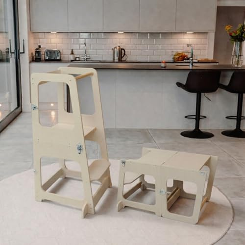 The Learning Tower Company, Convertible 2-in-1 Kids Kitchen Stool & Table/Chair, 1-6 Years Wooden Standing Tower with Safety Feet, Montessori Kitchen Step Stool, (Coated)