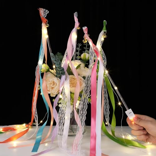 Wedding Wands mit LED Warmweiße Glowstick,24 Stück Leuchtstäbe Set für Hochzeitsdeko Zauberstäbe Hochzeitsbändern Seidenfeenstab Luftschlangen mit Glocke fur Hochzeiten Geburtstage Weihnachten (bunt)