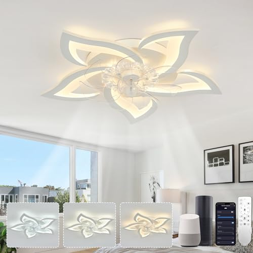 YUNLONG Smart Ceiling Fans with Lights Compatible with Alexa and Google Assistant, Ceiling Fans with Lamps and Remote, Reversible DC Motor, 6 Speed, Dimmable, Memory Function, for Bedroom, White