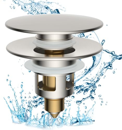 Hibbent All Metal 2 in 1 Bathroom Sink Stopper, Universal Pop Up Drain Strainer, Brass Bullet Core Push Type Sink Stopper for 1''~2.3'' Basin, Big Push Button, Anti Clogging Filter, Brushed Nickel
