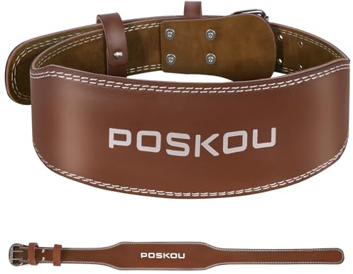 POSKOU Ceinture Lestée Musculation 4 Cowhide Cuir D'haltérophilie Belt 10 Trous Réglables Support Dos Lombaire Ceinture Musculation Homme (Marron, XL : Adapté aux tailles (89-99 cm))