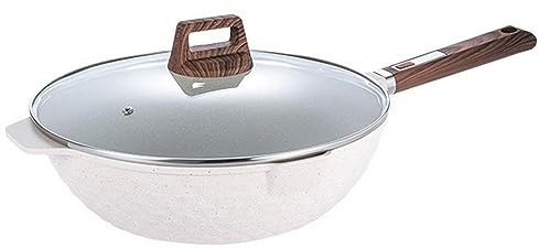 Nonstick wokpanna, 12,6 tums anti-scratch wokar och stekpannor, skyddande granitstensbeläggning matlagningswok med klart glaslock och trähjälphandtag, för matlagning, induktionskokkärl