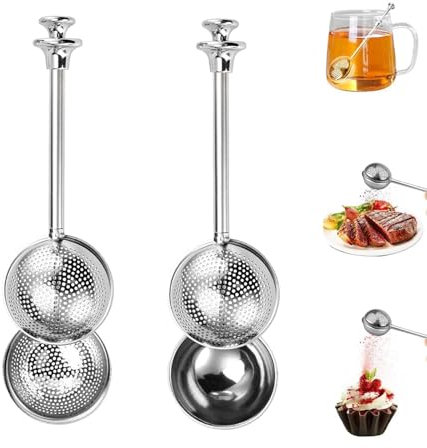 Infusor de té y colador de acero inoxidable 2 en 1: colador de té de hojas sueltas con mango largo, difusor de malla fina for tazas, espolvoreador de harina y azucarero.(Half+Full)