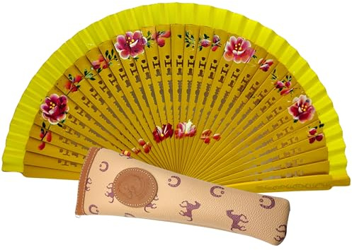 Planta Color Abanico de Madera con Flores Pintadas a Mano por las Dos Caras. Incluye una Funda para Proteger el Abanico. Imán de Regalo con Dibujo de Costumbres Españolas (Amarillo)